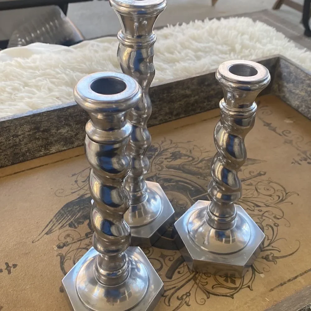Pier 1 Twirled Silver Pillar Candleholders (3)